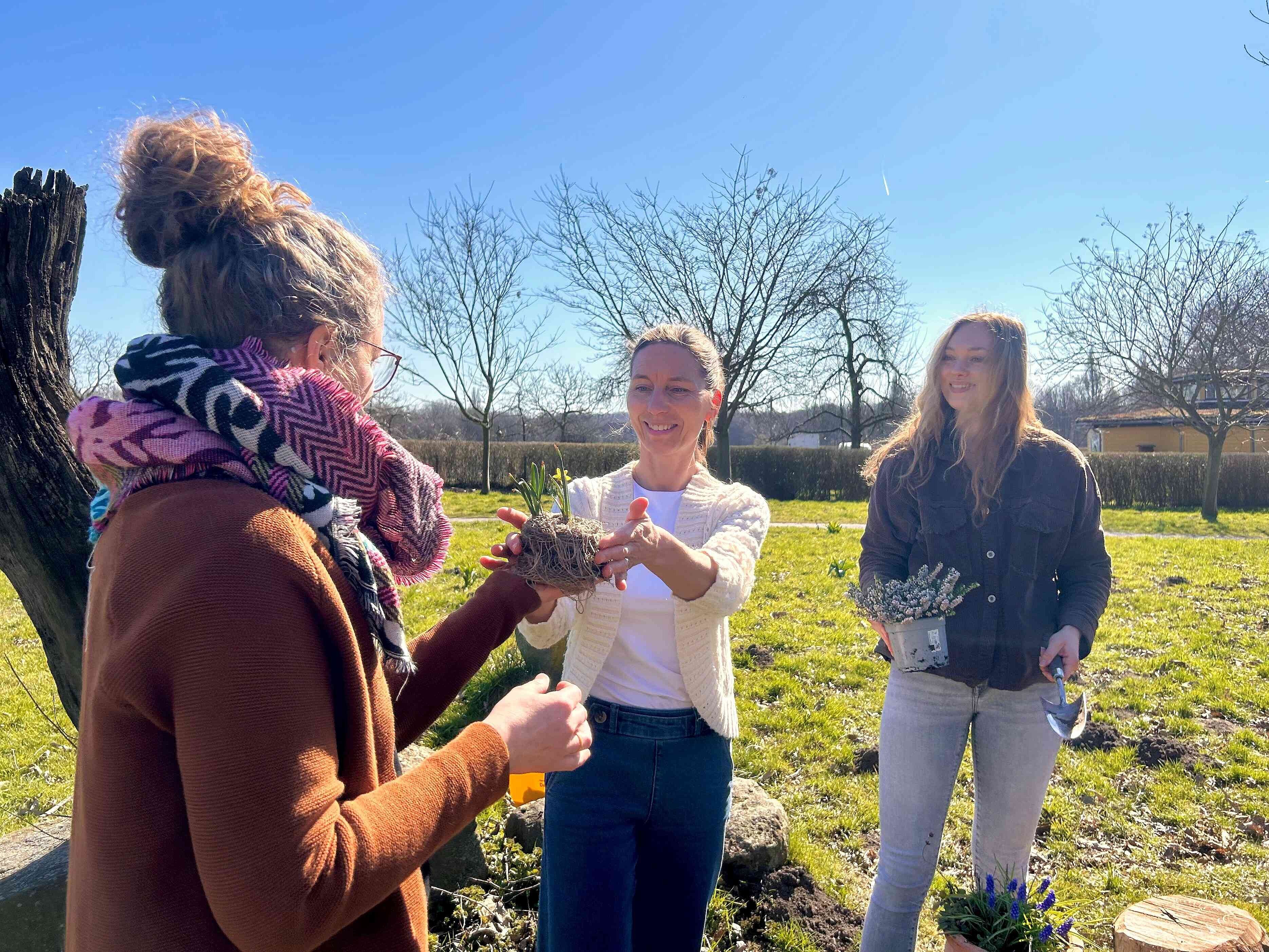 Pflanzentauschbörse Drei Personen tauschen Pflanzen